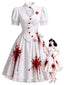 Robe de cosplay d'infirmière blanche motif d'éclaboussures sang pour Halloween années 50