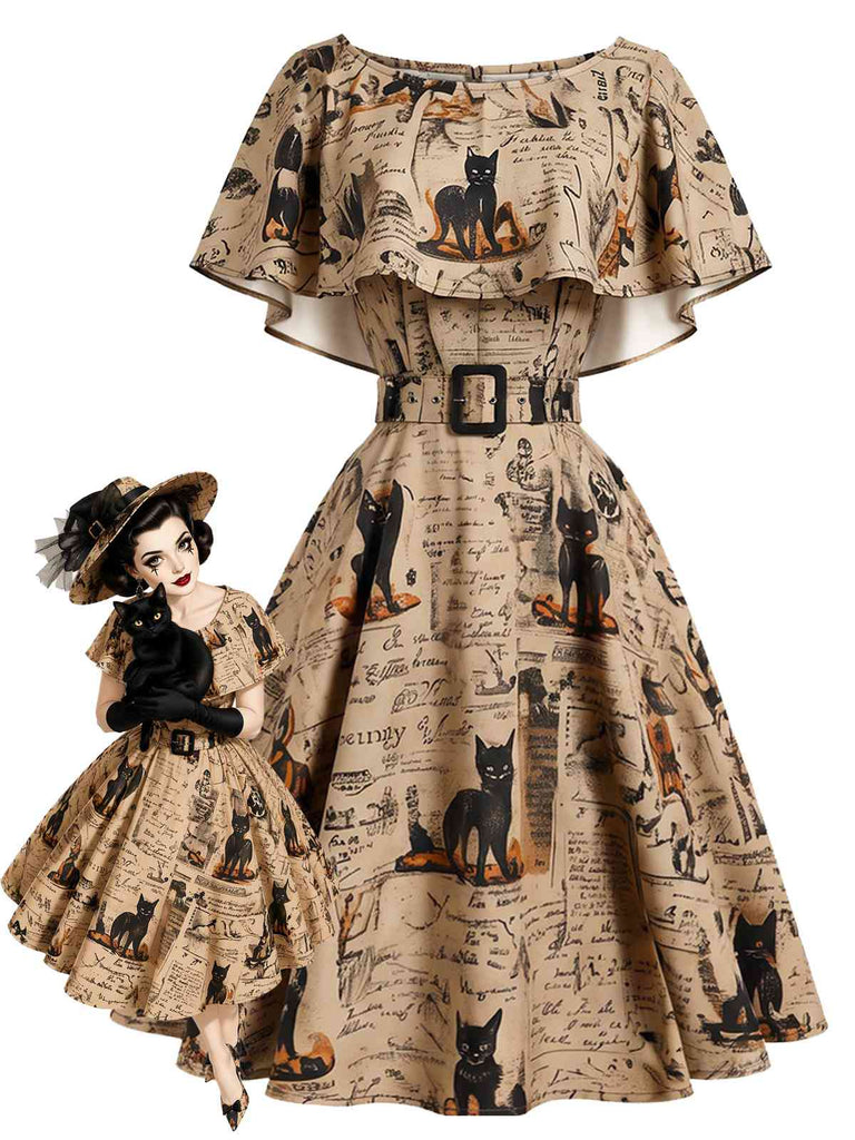 Robe kaki à imprimé journal et chat et ceinture années 1950