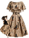 Robe kaki à imprimé journal et chat et ceinture années 1950