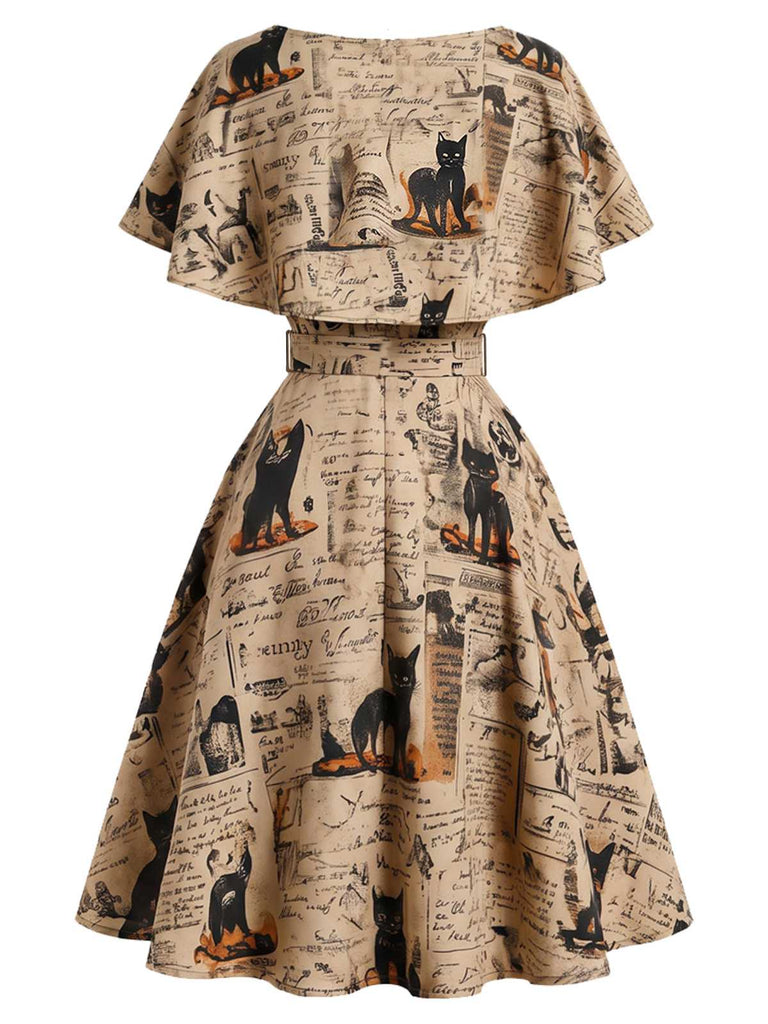 Robe kaki à imprimé journal et chat et ceinture années 1950