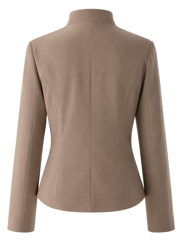 Veste kaki unie à faux col V et boutons Années 1950 - 2