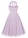 Robe lavande à carreaux, col Halter, dos nu et empiècements en dentelle Années 1950 - 3