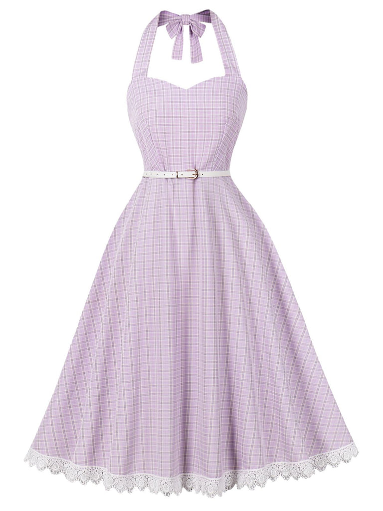 Robe lavande à carreaux, col Halter, dos nu et empiècements en dentelle Années 1950 - 2