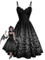Robe évasée noire gothique motif chauve-souris et fines bretelles années 50