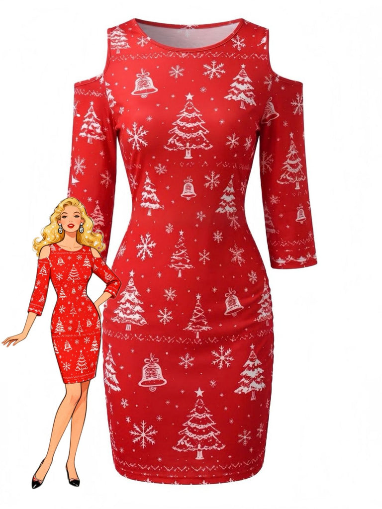Robe crayon rouge à épaules ajourées et imprimé sapins et flocons de Noël Années 1960 - 1