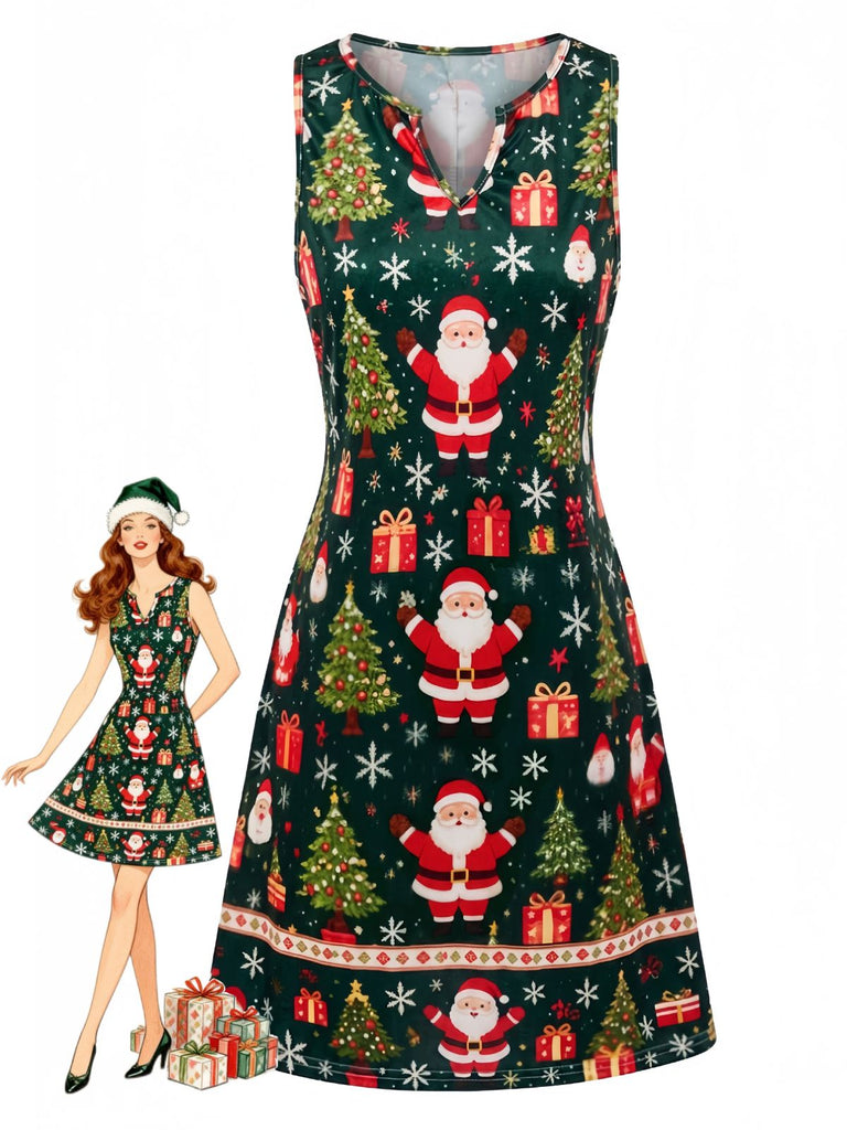 Robe verte de Noël sans manches à encolure en V et imprimé Père Noël Années 1960 - 1