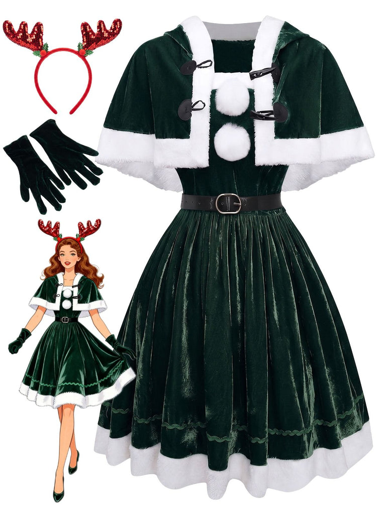 Ensemble robe bustier et cape de Noël en velours vert Années 1950 - 1