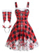 Ensemble robe rouge de Noël à carreaux, flocons et épaules dénudées Années 1950 - 1