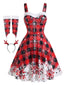 Ensemble robe Noël rouge motif écossais et flocons neige épaules dénudées années 50