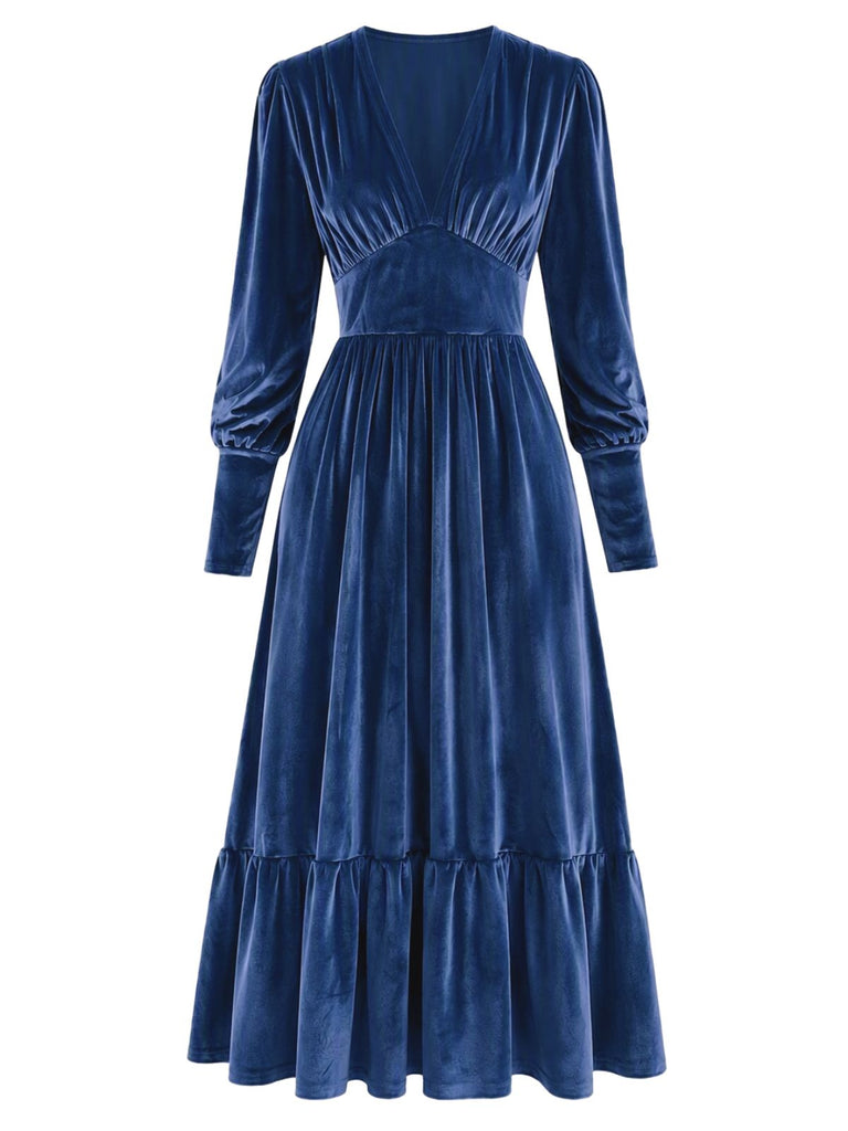 Robe en velours froncé à décolleté V profond et poignets ajustés Années 1970 - 8