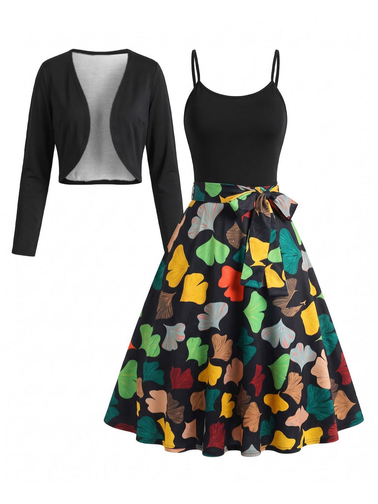 Ensemble robe dorée à imprimé palmiers, fines bretelles et nœud à la taille avec boléro Années 1950 - 4