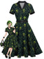 Robe trapèze vert et noir motif squelette pour Halloween années 50