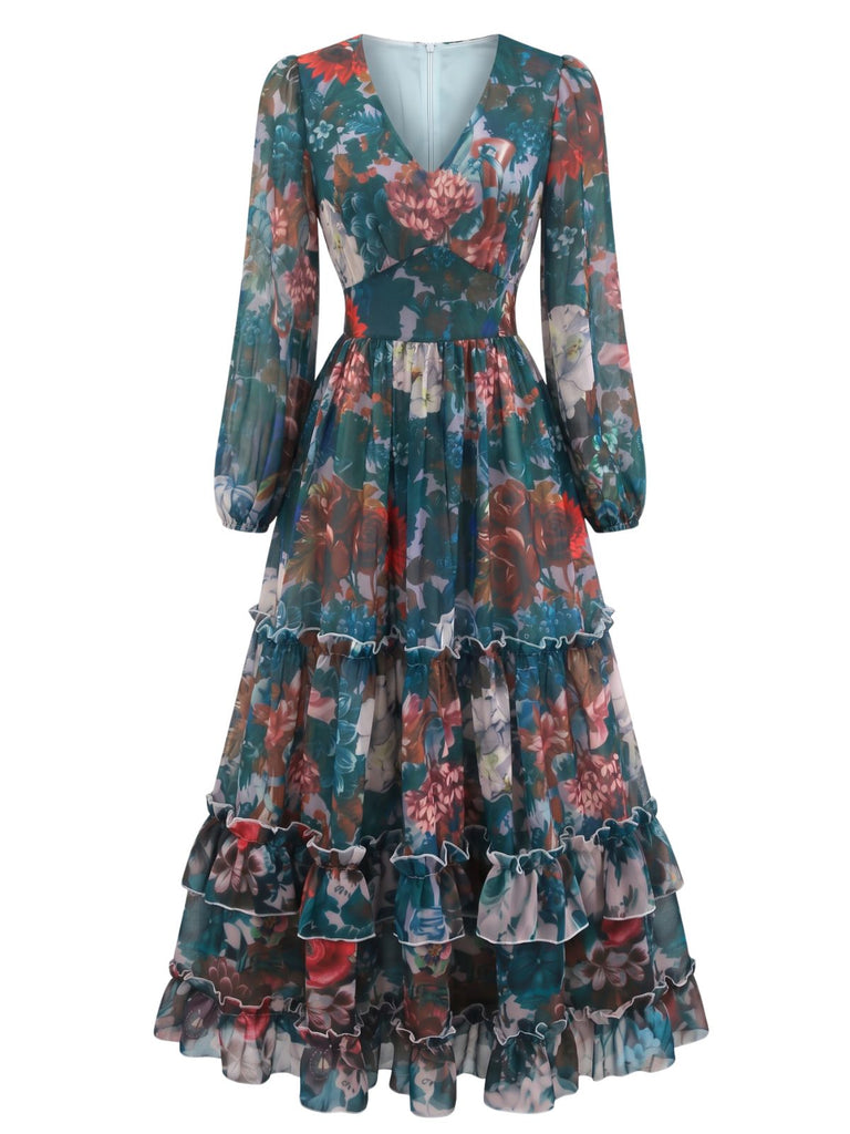 Robe longue florale à étages, col V et manches longues Années 1930 - 1