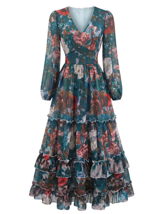 Robe longue florale à étages, col V et manches longues Années 1930 - 1