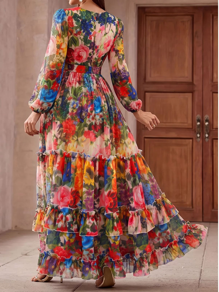 Robe longue florale à étages, col V et manches longues Années 1930 - 8