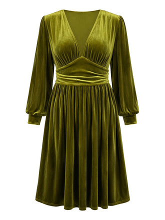 [Grande Taille] Robe vert militaire en velours uni à col V Années 1950 - 2