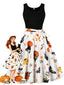 Robe sans manches ceinturée motif citrouille et tête mort pour Halloween années 50