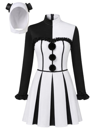 Robe noire et blanche de clown effrayant pour Halloween avec coiffe Années 1960 - 1