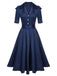 Robe à revers bleue unie à manches courtes des années 1940