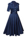 Robe à revers bleue unie à manches courtes des années 1940