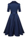 Robe à revers bleue unie à manches courtes des années 1940