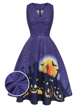 Robe trapèze à encolure en V violet foncé des années 1950