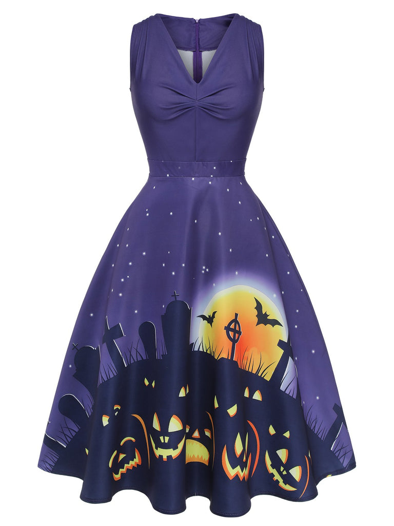 Robe trapèze à encolure en V violet foncé des années 1950