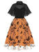 Robe cape en filet papillons noire et orange 1950s
