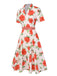 Robe beige à revers roses des années 1950 avec ceinture
