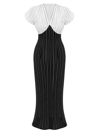 Robe patchwork rayée noire et blanche à col en V profond des années 30