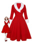 Robe à revers de Noël rouge et blanche en peluche des années 1950