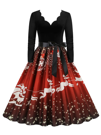 Robe trapèze patchwork col en V des années 1950 avec ruban