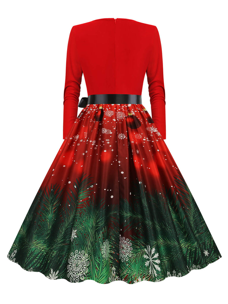Robe trapèze patchwork col en V des années 1950 avec ruban