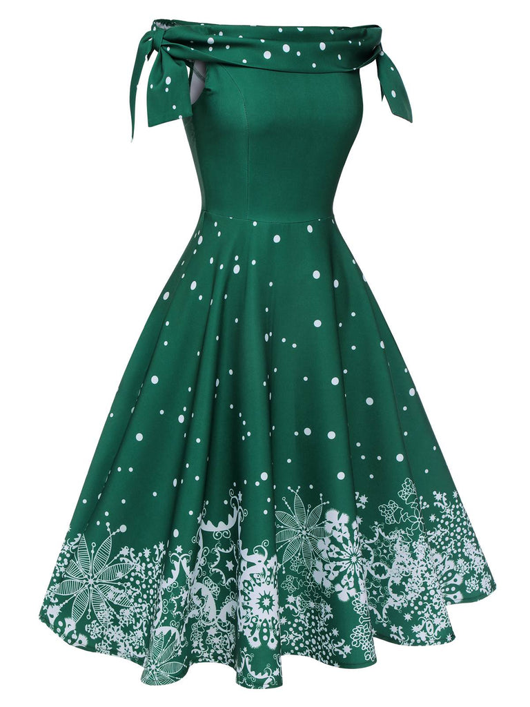 Robe verte à épaules dénudées en forme de flocon de Noël des années 1950