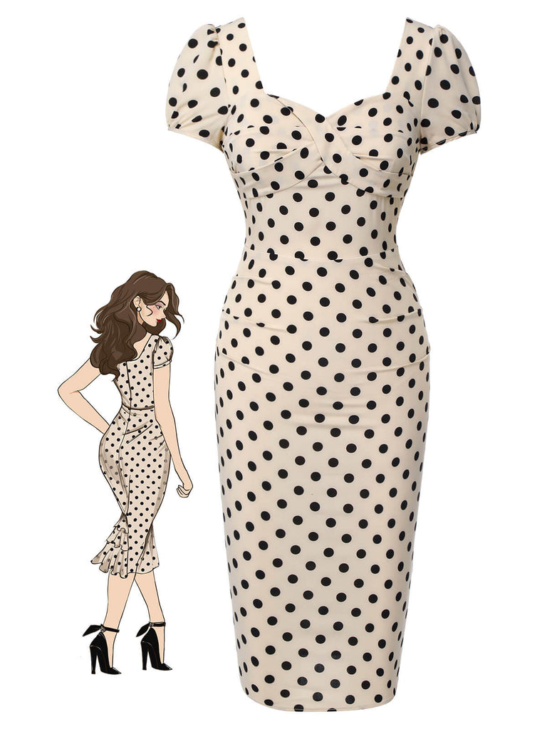 Robe rose pois col carré et manches bouffantes années 1960