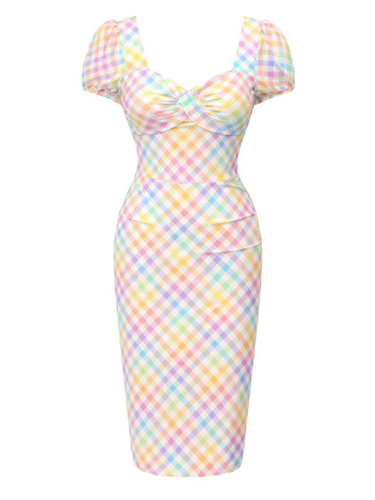 Robe rose pois col carré et manches bouffantes années 1960
