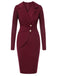 Robe à revers à manches longues unie rouge violacé des années 1940