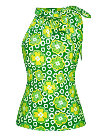 Haut sans manches à col noué et motif floral vert des années 1960