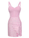 Robe rose à carreaux patchwork latéraux fendus des années 1960