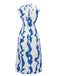 Robe courbes bleue et blanche à col montant et ceinture des années 1940