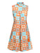Robe à col montant fleurie orange et bleue des années 1960