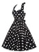 Robe ceinturée à pois contrastés dos nu noir des années 1950