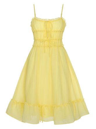 Robe jaune à bretelles spaghetti et ourlet à volants des années 40