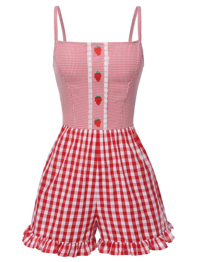 Combishort à bretelles à carreaux rouges années 1950