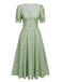 Robe verte à col en V et manches lanternes fleuries des années 1940