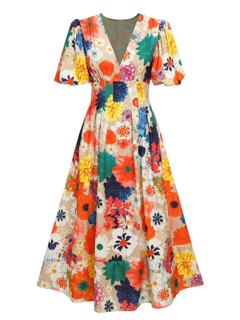 Robe fleurie à col en V et manches lanternes des années 1940