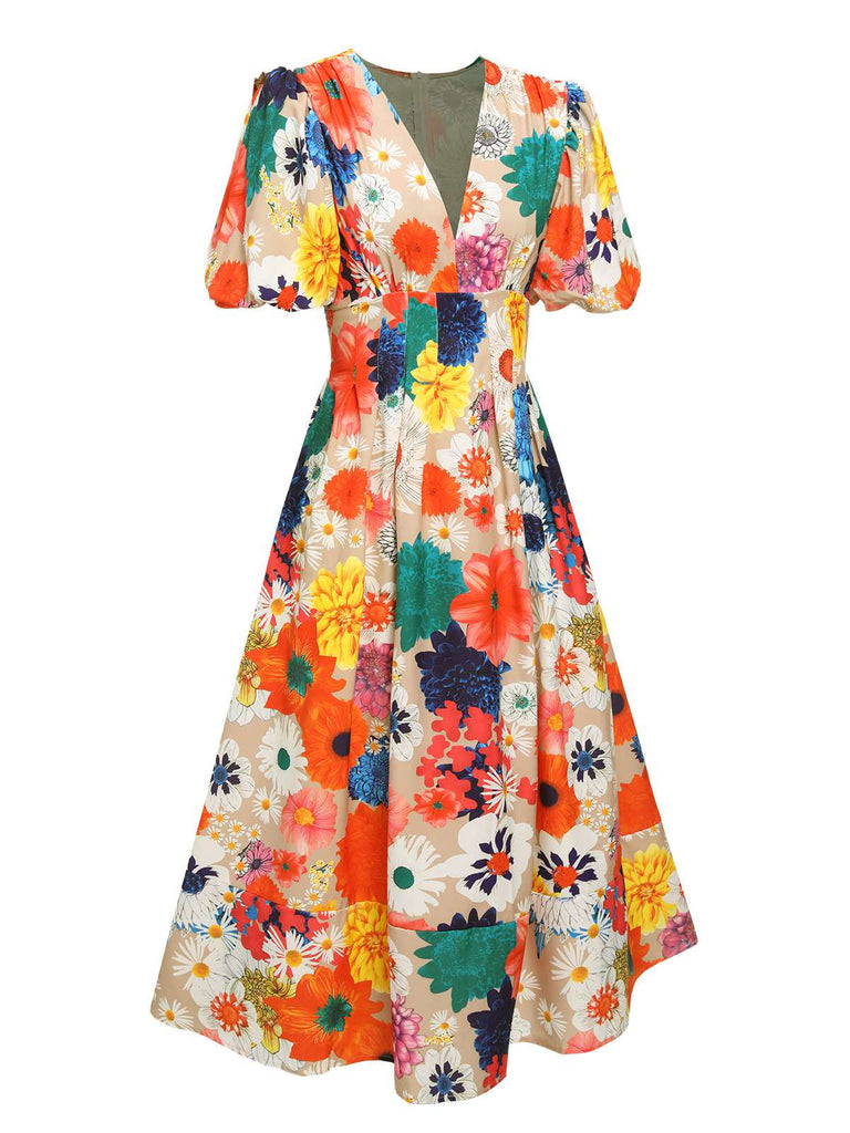 Robe fleurie à col en V et manches lanternes des années 1940