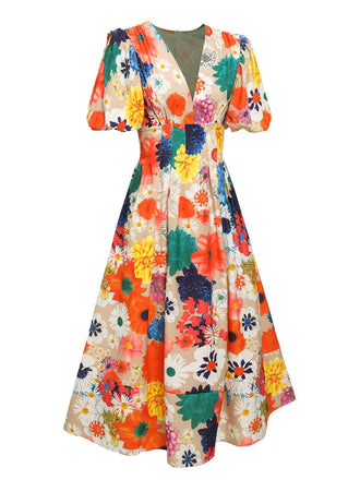 Robe fleurie à col en V et manches lanternes des années 1940