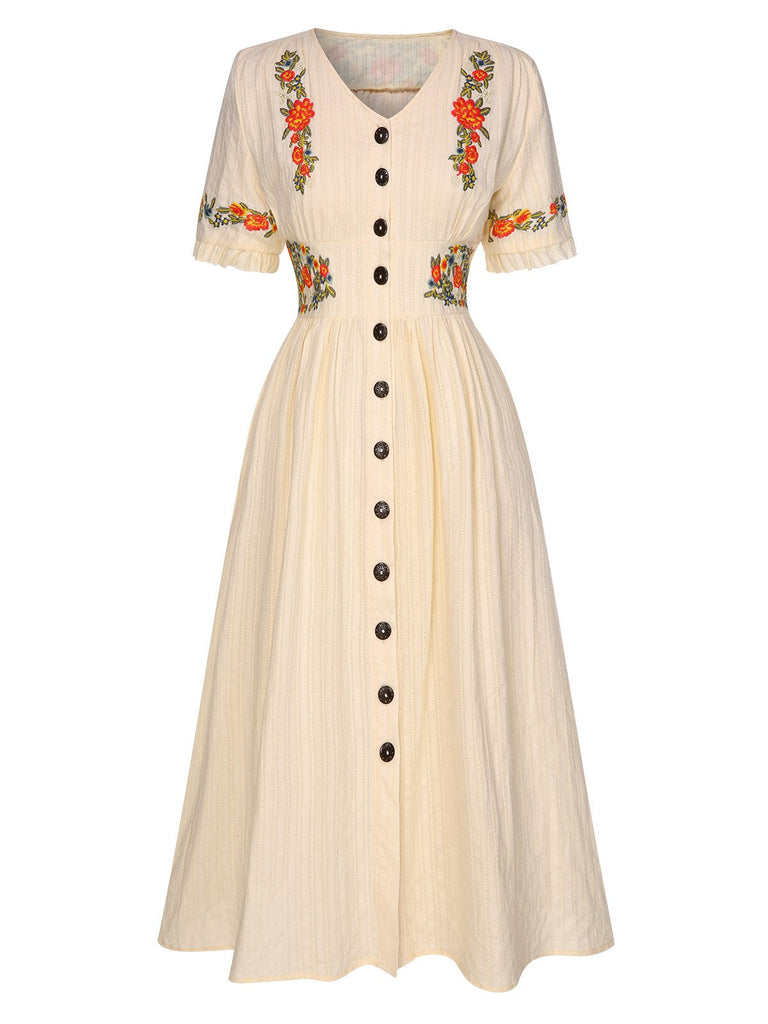 Robe fleurie brodée en coton beige à col en V des années 40