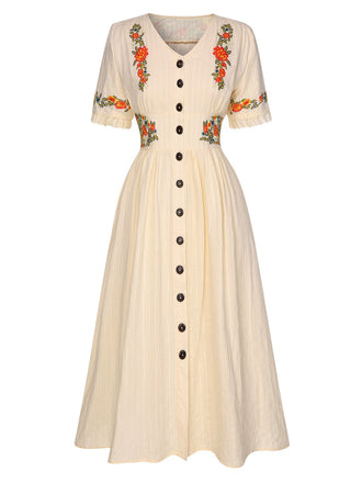 Robe fleurie brodée en coton beige à col en V des années 40